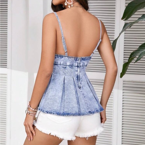 Boho Denim Backless Strap Tank Top Camisole Blouse Shirt Light Wash - Picture 2 of 6